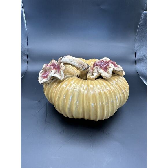 Large Lifelike Ceramic Pumpkin with Applied Leaves Golden Color Fall Decor 7" - Picture 2 of 8